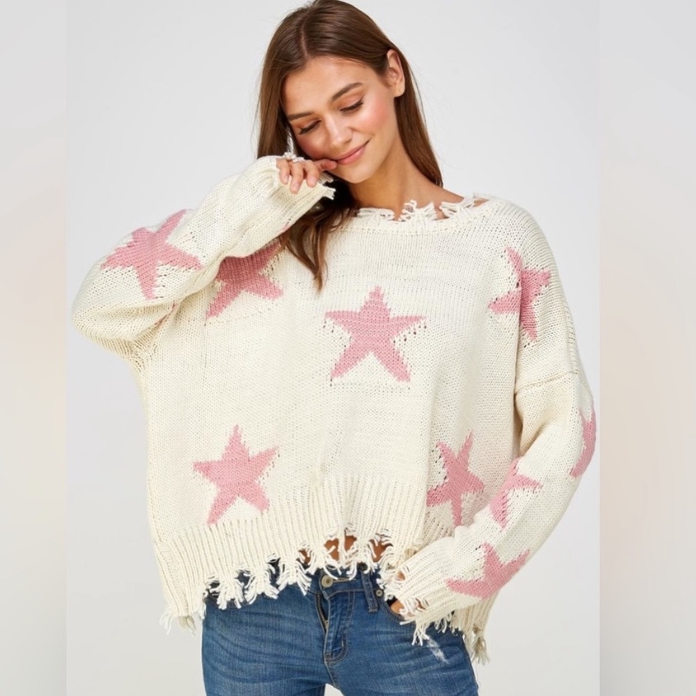 Storia Sweaters - Distressed Star Print Pullover - pink and white